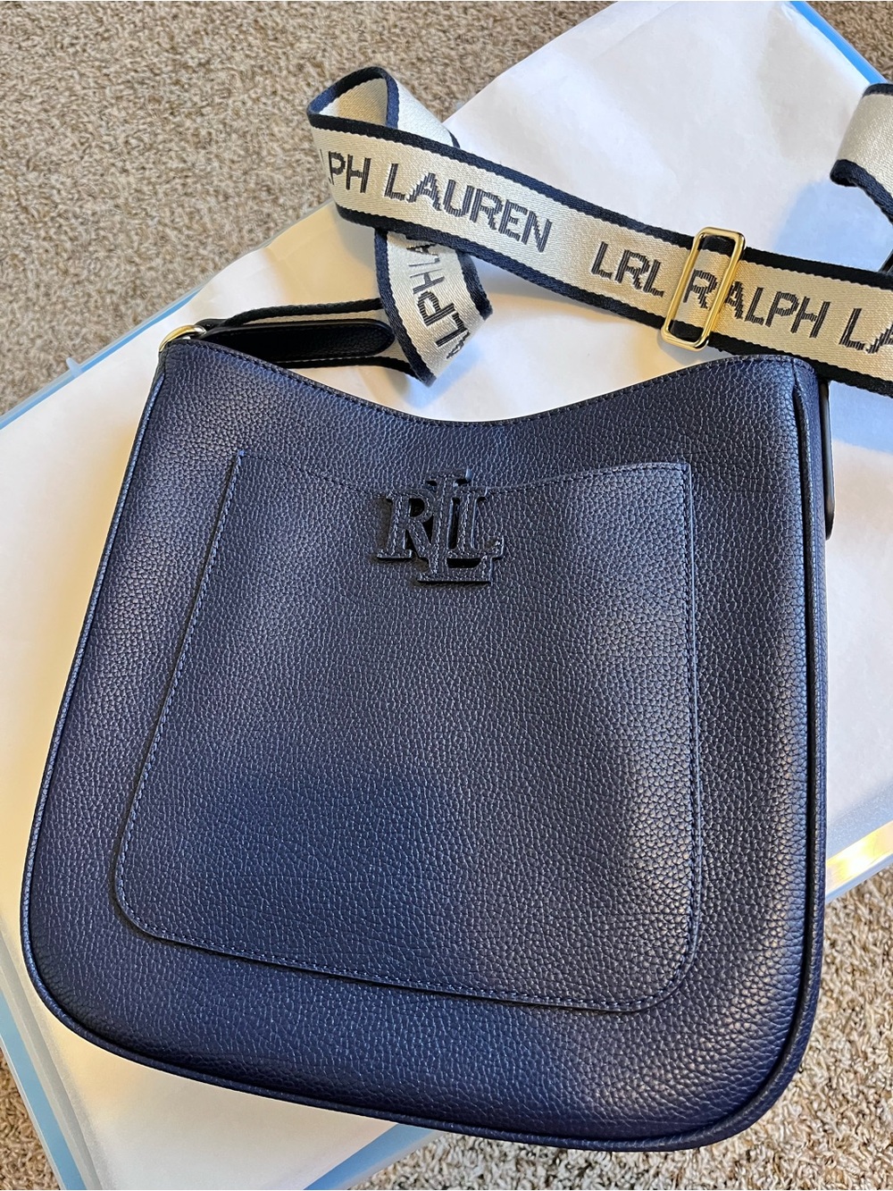 NWOT Lauren Ralph Lauren Pebble Leather Crossbody Bag Navy Gold Hardware - Picture 2 of 14